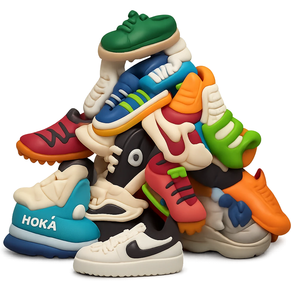 Make the pile of mixed sneakers in a 3D emoji style, using the same polished, semi-realistic texture and finish as the reference Nike Air Force 1 sneaker. Keep the look clean and modern, with a transparent background. The style should emulate the 3D emoji style with polished and semi-realistic textures. emoji