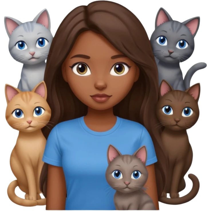 a pretty bratz dusky girl with long brown hair, blue eyes with six cats nd wearing a grey tshirt emoji