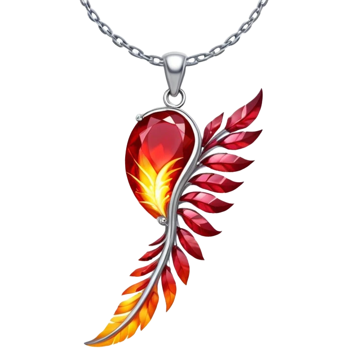 ruby pendant shaped like a phoenix feather, glowing with fiery energy, silver chain undulating magically emoji