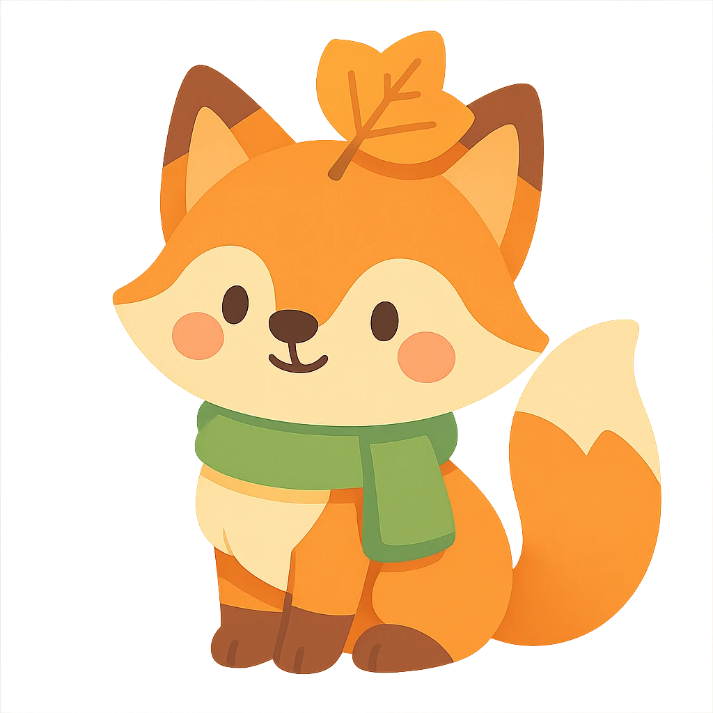 fox wearing a leaf hat and scarf, cute autumn soft style, soft pastel colors, vibrant toon style emoji
