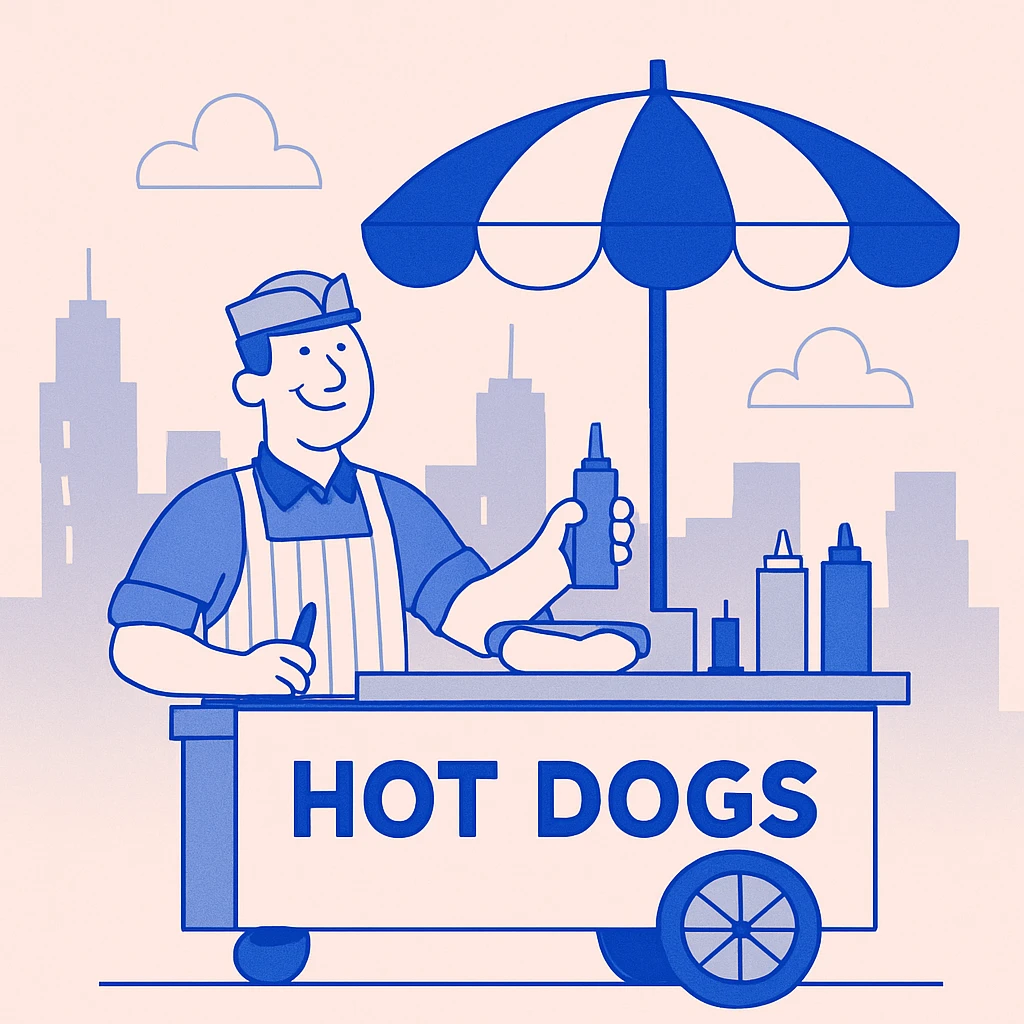 smiling hotdog vendor at street cart with city skyline emoji
