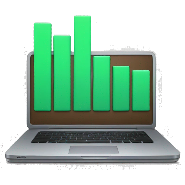 A laptop with a bar chart and an upward trend emoji