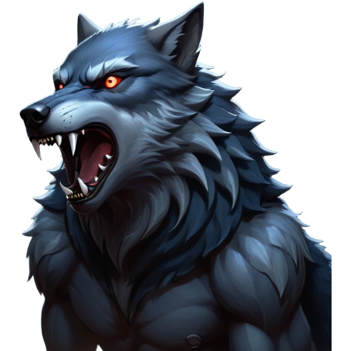 cinematic-noble-fierce-werewolf-howling-portrait-emoji, poised-and-imposing, with a fierce wolfish face tilted upwards in a haunting howl, glowing eyes full of primal ferocity, sharp, elongated fangs bared, and a rugged snout, fur rippling in shades of midnight black and silver, muscles tensed as the powerful howl echoes beneath the moonlit sky; rendered with realism, capturing the raw, untamed power of the beast in its wild, primal state emoji