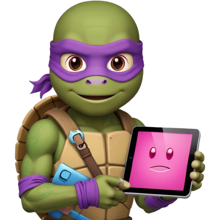 Donatello from Teenage Mutant Ninja Turtles, emoji style, with a tablet showing a hacking screen and a tech accessory, with a pink hacking interface emoji