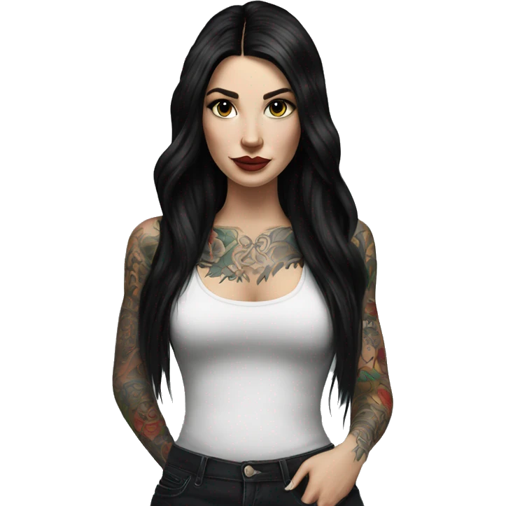 Hyperrealistic beautiful white girl with tattoos, with long black hair  emoji