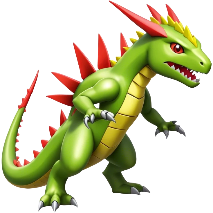 Cool cute shiny futuristic Guilmon-Flygon-Tyranitar-Digimon-hybrid-fusion, yellow belly, full body emoji
