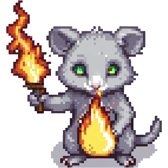 possum lighting something on fire, pixel art style, no background emoji