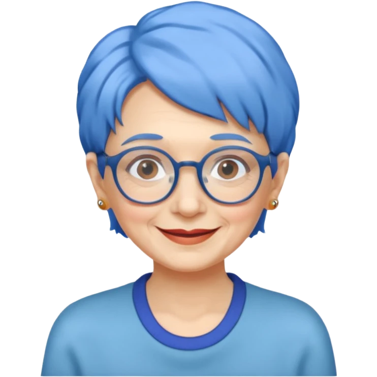 old lady with blue hair, wearing glasses, slight curl short hair emoji