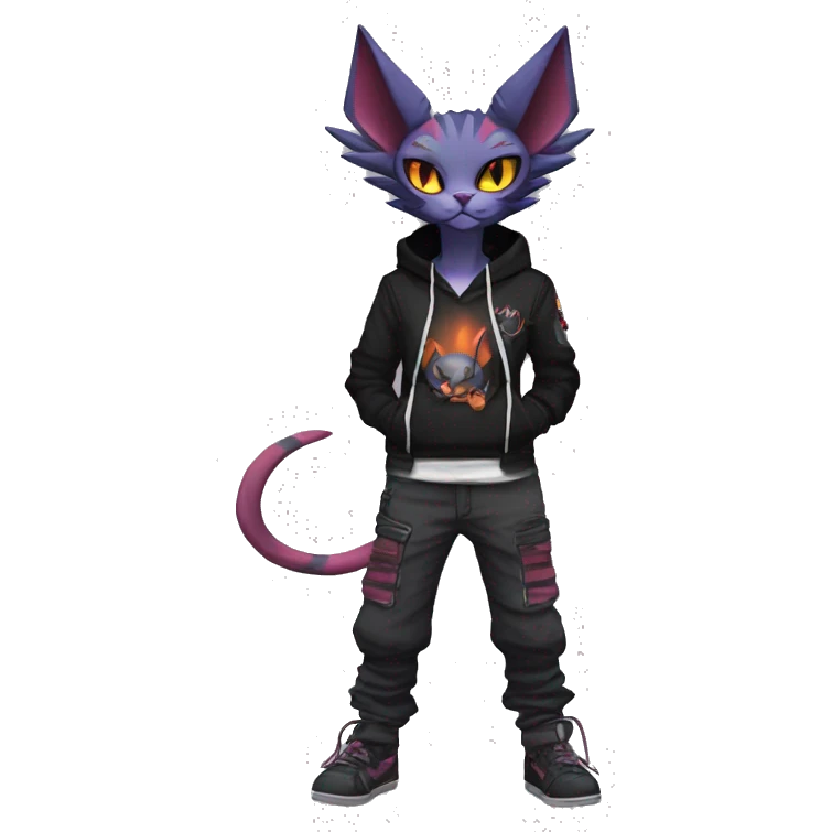 Cool Anthro Noivern-Litten-Sphynx-Pokémon with edgy stripes hoodie spiked collar punk techwear Cargo Pants Full Body emoji