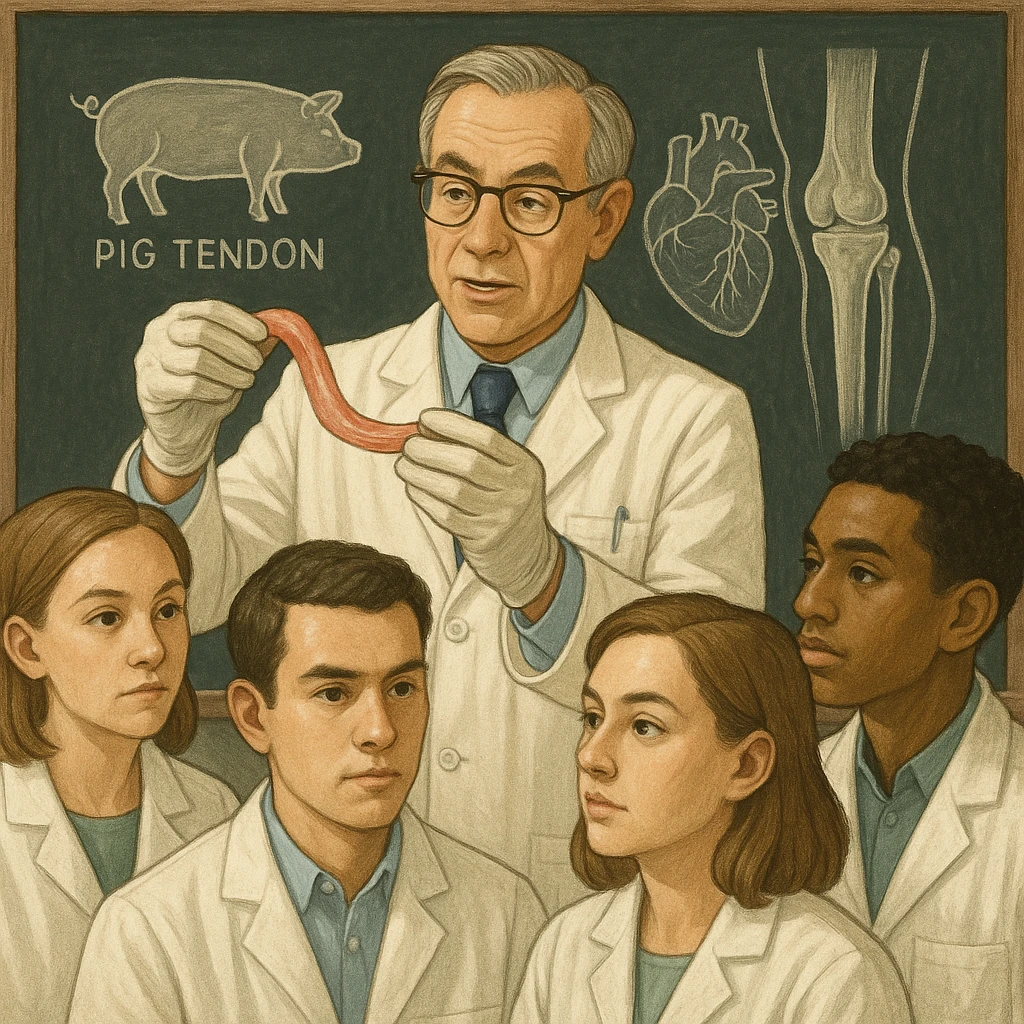 symbolic scene with a doctor showing a pig tendon to a group of students, explaining its use in human transplants, anatomical drawings on a blackboard in the background, educational atmosphere, 4K quality emoji