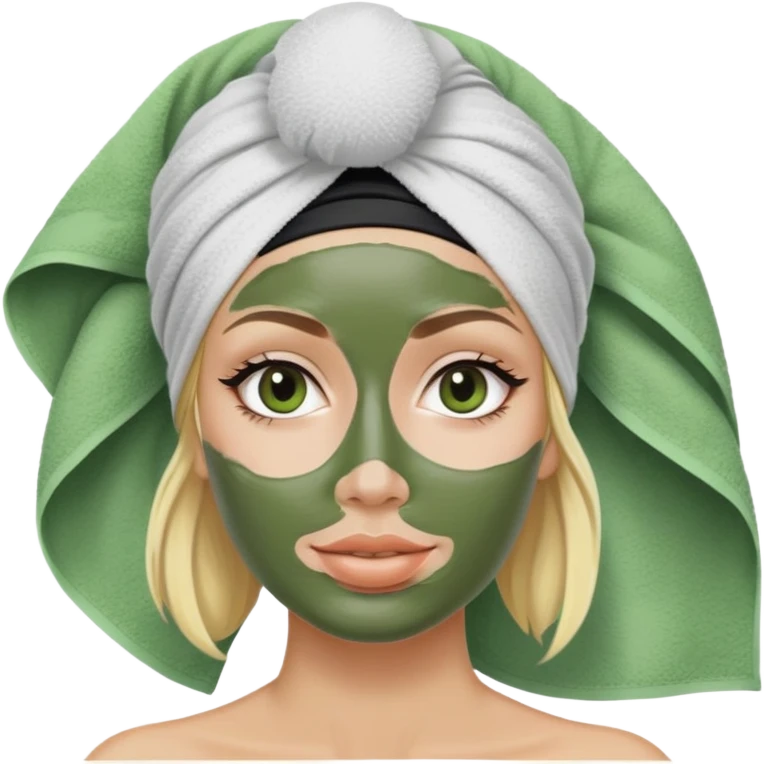Femme blonde avec une serviette noir en turban sur la tête et un masque d’argile verte sur le visage emoji