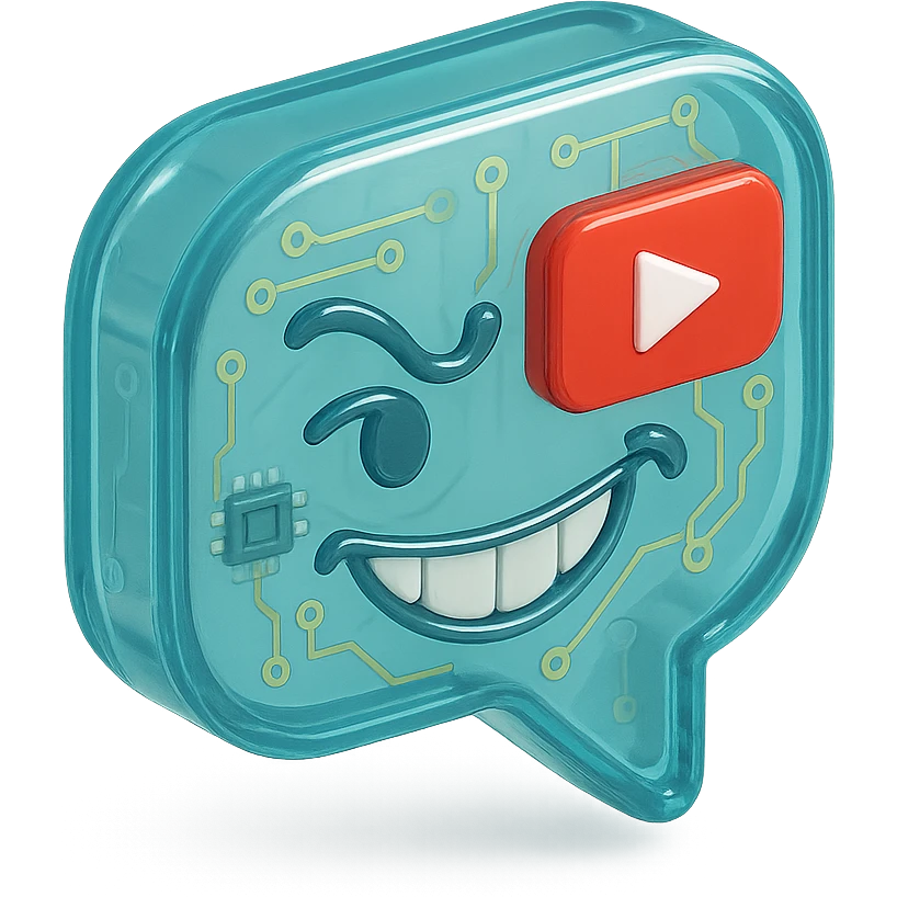 speech bubble with a playful sarcastic grin, red YouTube play button, glossy circuit style emoji
