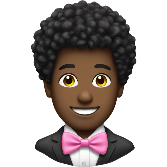 A black twink with an afro mullet in a suit, smile face, a pink bow tie emoji