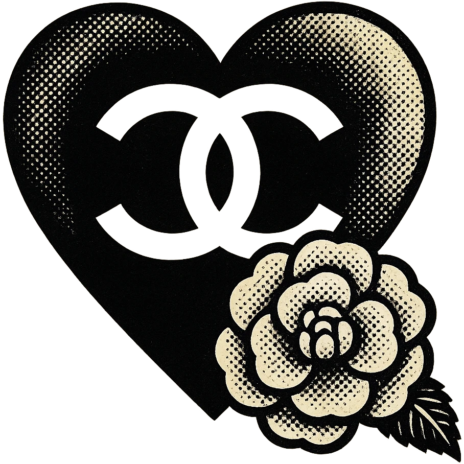 Chanel heart with camellia flower, old school comic book style, bold lines, black and white emoji