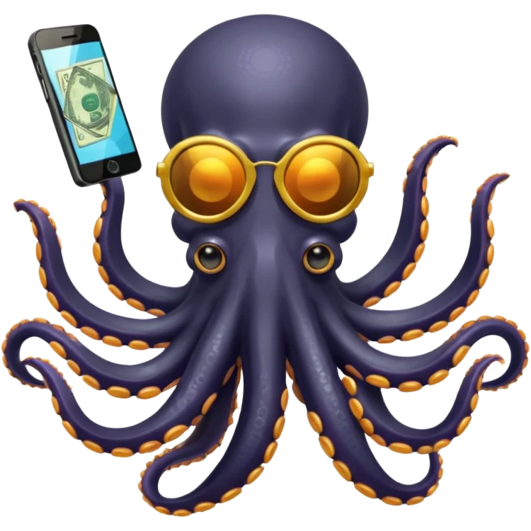 Intimidating octopus with pearl black skin, neon suction cups. Wearing mirrored sunglasses and a gold chain. 3 tentacles are holding their own cellphone, 2 other tentacles are holding stacks of money emoji