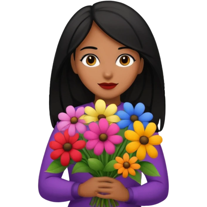black hair woman with big bouquet of flowers emoji