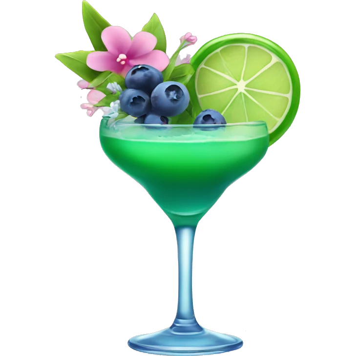 Green cocktail with blue mix and pink little flowers with blueberries  emoji