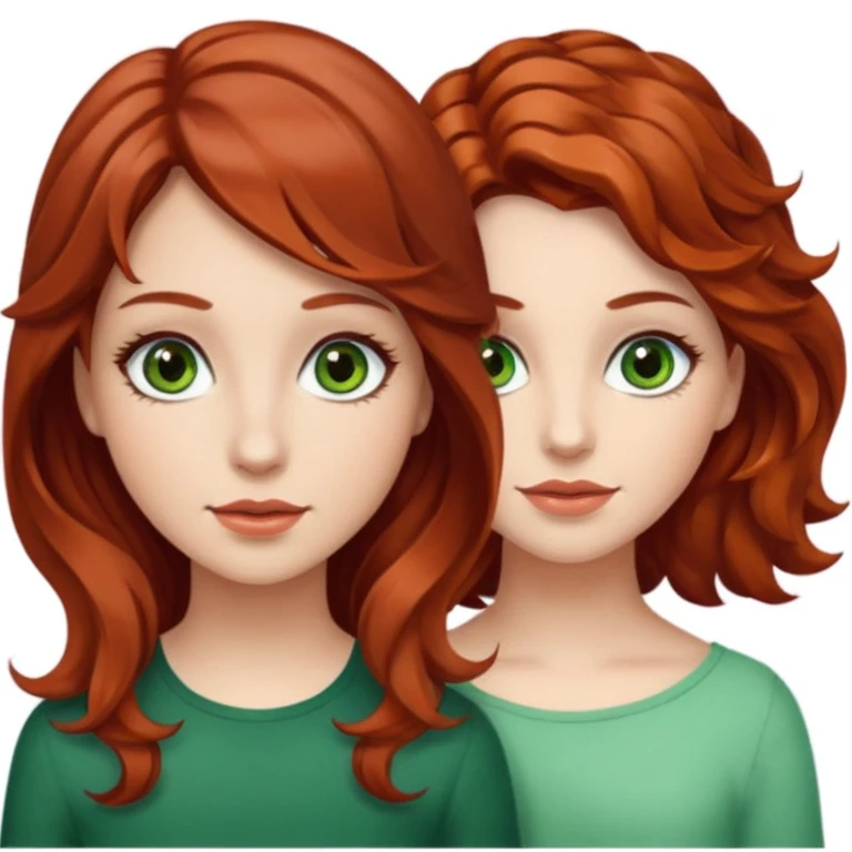 Two girls : one with red hair medium and wavy, brown eyes with long eyelashes and white skin. The other with wavy brown hair medium, green eyes with long eyelashes and tan  emoji
