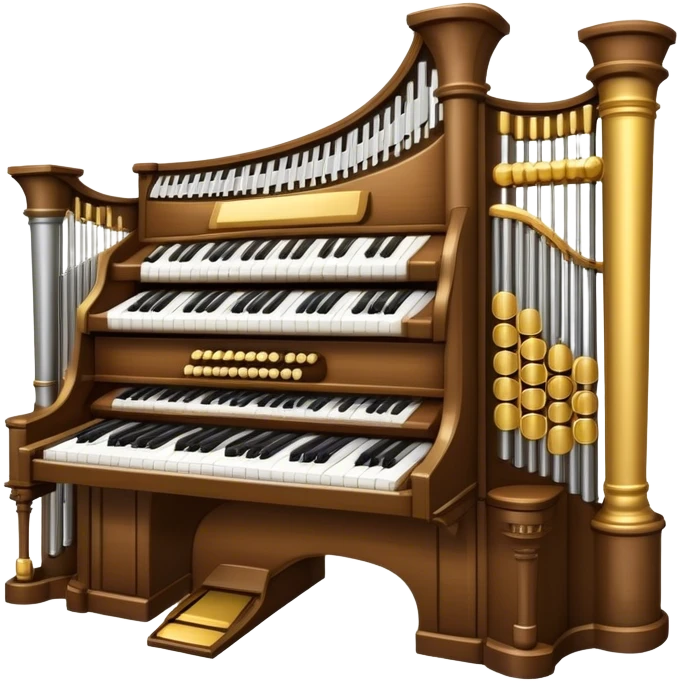 Create an elegant and majestic emoji representing a classical organ. The design should feature the grand pipes of the organ in the background, with visible details of the keys and pedalboard in the foreground. The pipes should be tall and impressive, with a mixture of gold, silver, and metallic shades to emphasize the grandeur of the instrument. The keyboard and pedals should be well-defined, capturing the intricate craftsmanship of the organ. Use dark wood tones and gold accents for the body of the instrument to give it a rich, historic feel. Add subtle musical notes around the organ to evoke its deep, resonant sound. The background should be transparent. emoji