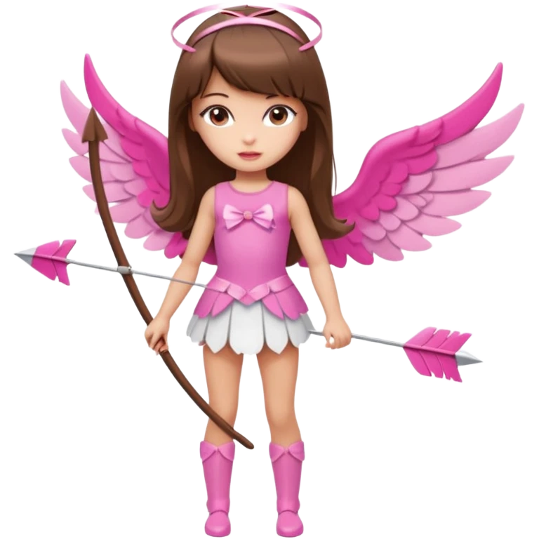 Hada sexy cupido pequeña  de cabello largo lacio castaño con flequillo y ojos cafés  vestida con algo sensual corto color blanco o rojo arco delgado con un color que combinen   y flechas  igual delgadas  que combinen y labios rosas tipo Barbie pero en hada cupido de cuerpo completo ojos sexys  emoji