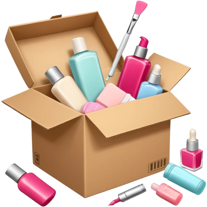 a cardboard box with assorted beauty products like compact, lotion, and nail polish spilling out with a blue background, variation 2 emoji