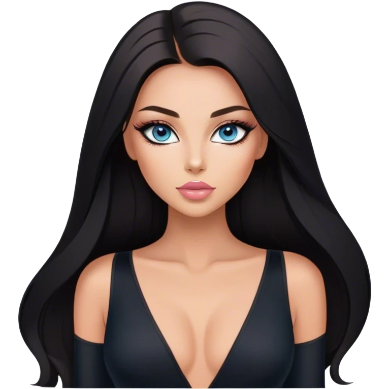 Glamours, tanned, beautiful, girl, with blue eyes, big pump peach-beige-rose lips, eyeliner, long lashes, black straight smooth silky long hair, straight parting hair,  in black v-neck bodysuit emoji