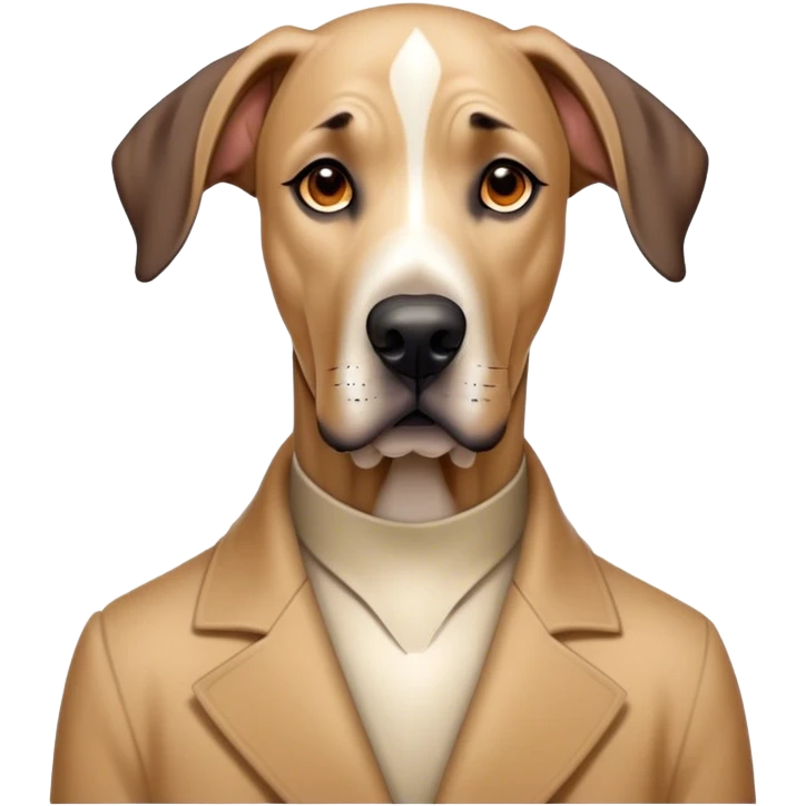Cinematic Noble Fawn Great Dane Portrait Emoji, Poised and regal, with a towering, muscular build and a sleek, well-groomed solid fawn coat accented by subtle dark markings, deep-set soulful amber eyes, Simplified yet sharp and sophisticated features, highly detailed, glowing with a soft, dignified glow, high shine, intelligent and gentle, stylized with an air of majesty, focused and attentive, soft glowing outline, capturing the essence of a watchful and confident guardian, so majestic it feels as though it could stride out of the screen with effortless authority! emoji