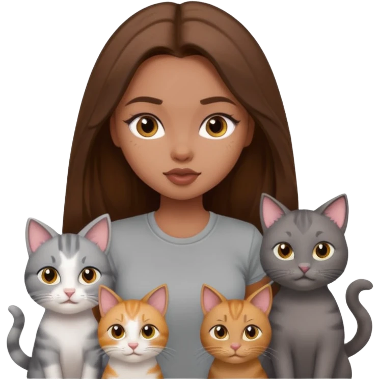 a pretty bratz dusky girl with long brown hair with four cats nd wearing a grey tshirt emoji