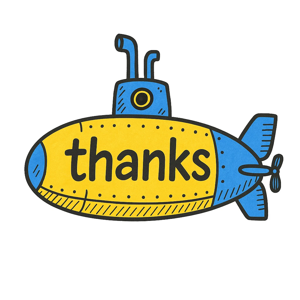Add bright yellow and blue color to the classic submarine, keep the 'thanks' text, in a doodle style similar to hand drawn notion style doodles. emoji