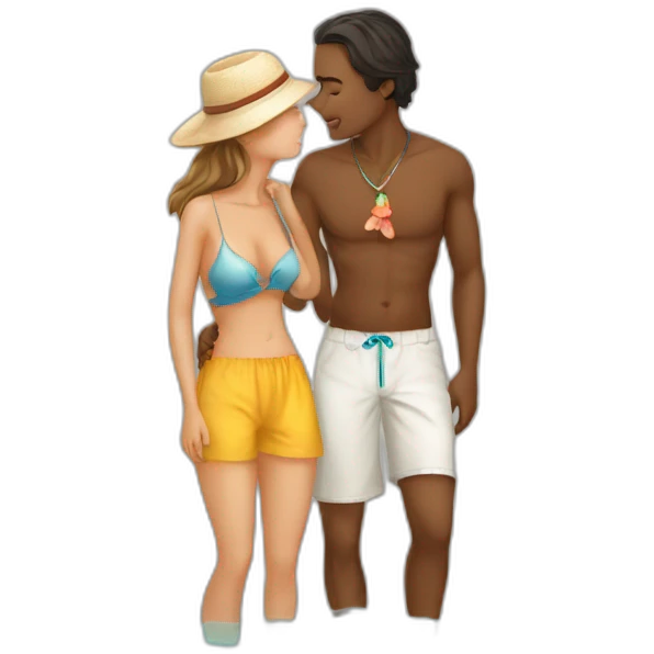 with beach clothes young metis man and white woman kiss love emoji