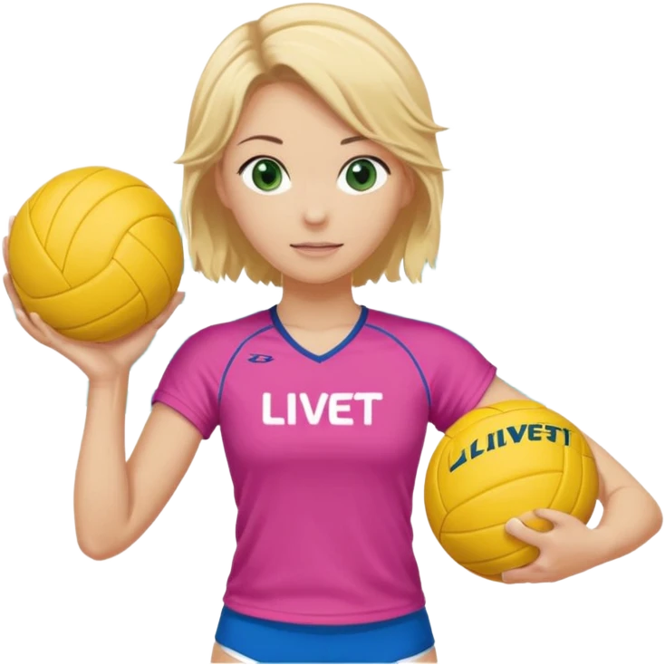 criar o emoji de uma jogadora de volei, com cabelo loiro amarrado camiseta rosa com ondas azuis secrito LIVET'S segurando uma bola de voley da marca mikasa, tenis amarelo e olhos verdes grandes emoji