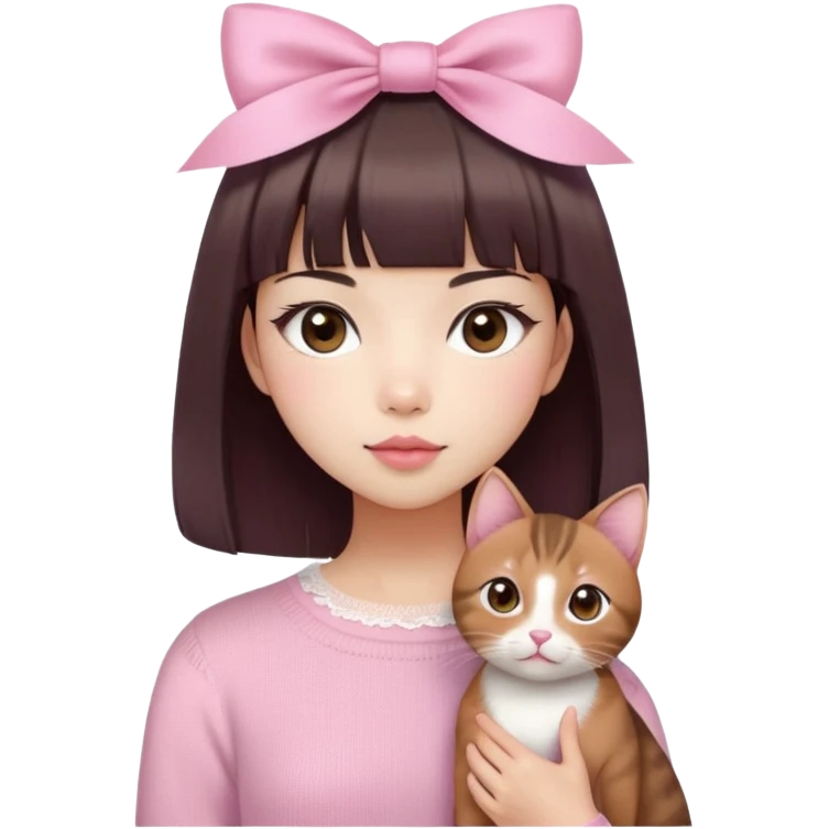 Cute East Asian girl, soft fair skin with blush on cheeks, big brown eyes with long lashes, natural pink lips, inward brown bob with straight bangs. Wearing a stylish pink knit top with ribbon details and subtle lace trim, holding an Abyssinian cat emoji