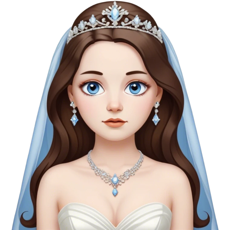 vivienne westwood style wedding dress with dainty diamonds hanging down from the waist. long brunette haired women with silver jewelry and tiara. medium blue eyes. long eyelashes. chubby cheeks. High cheekbones. symmetrical face proportions  emoji