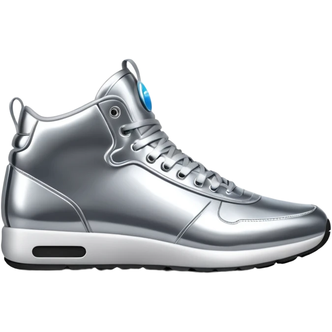 A pair of futuristic sneakers emoji made of silver chrome, sleek streetwear design, smooth metallic panels, subtle reflections, luxury swag aesthetic, iOS emoji style, centered, clean white background emoji