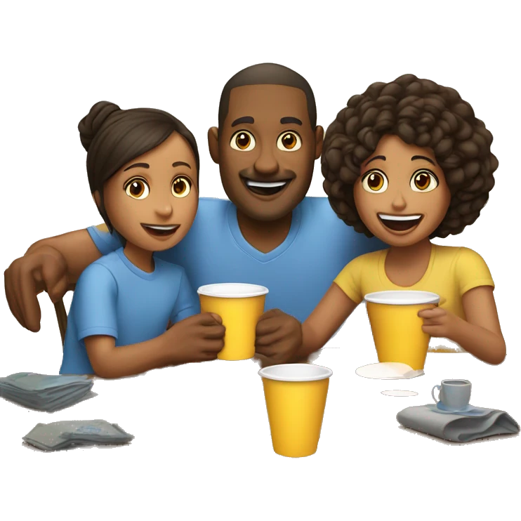 An emoji of a family—mother, father, and child—sitting at a table, playing a cup game with paper cups arranged on the table as they have fun together emoji