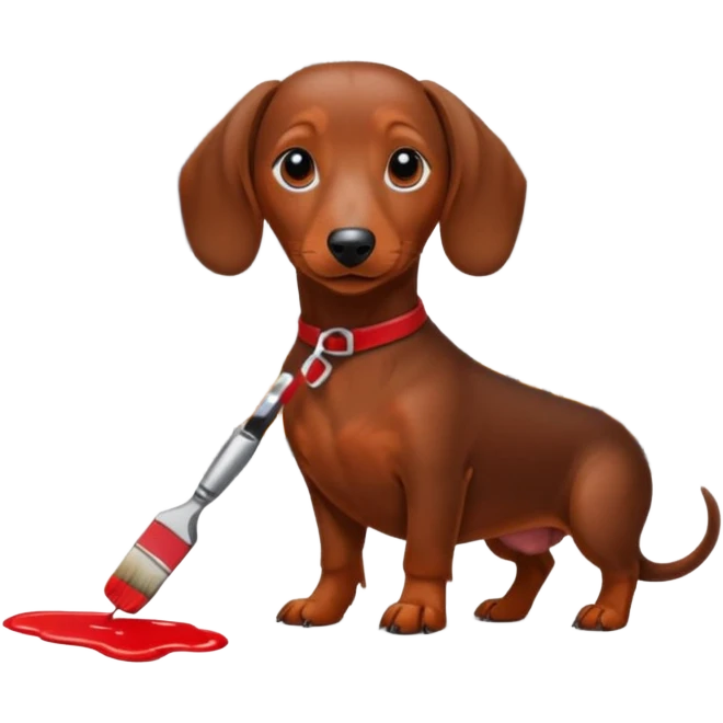 Brown dachshund in front of a busy NYC street backdrop, holding a red paint brush. emoji