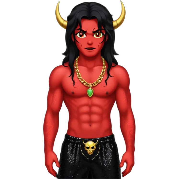 Satan with red skin, long black hair, black sequin baggy pants, shirtless with necklace emoji