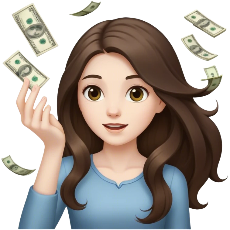 beautiful pale brunette girl with long hair throwing money emoji