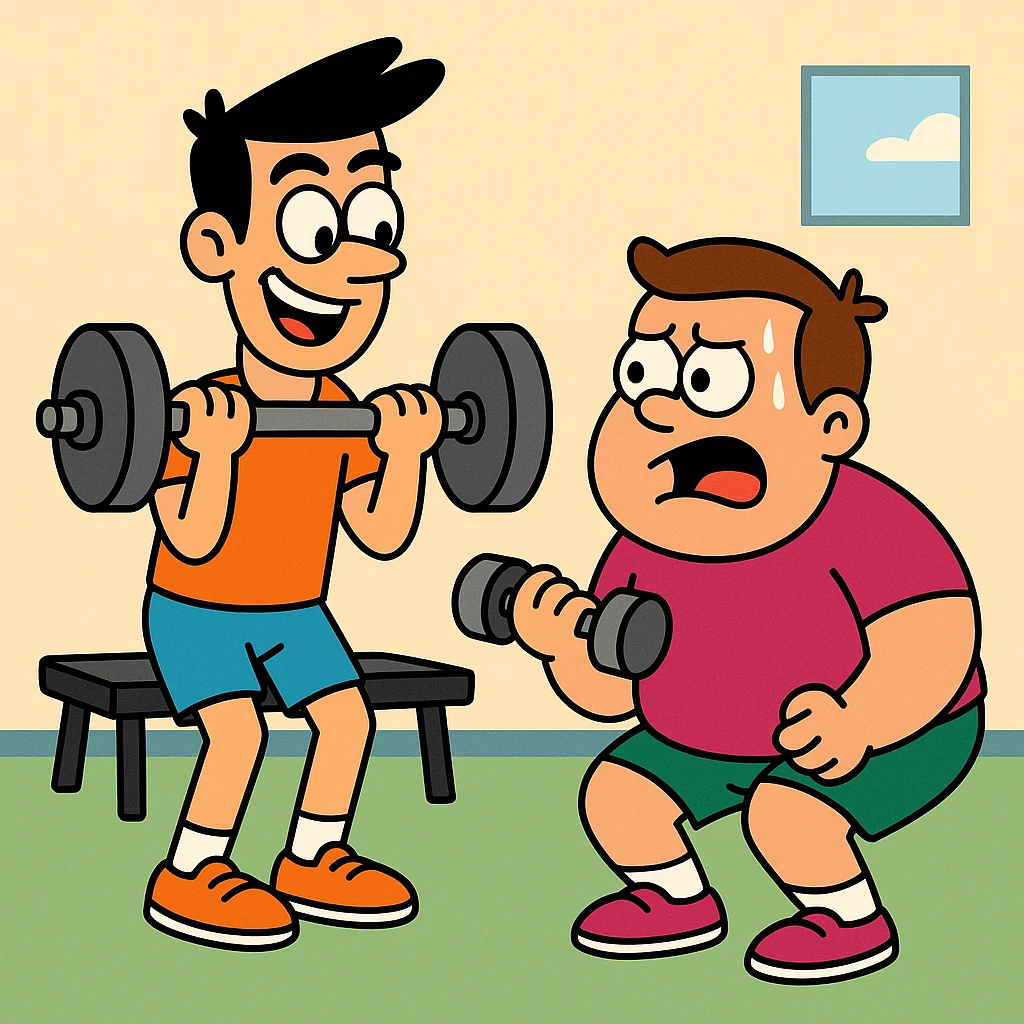 Jake and Tom have been gym buddies (friends who go to the gym together) for months (maybe 3–6 months or more), but their workout styles (the way they exercise or train—like lifting weights) couldn’t be more different (they’re very, very different). 2 guys at gym emoji