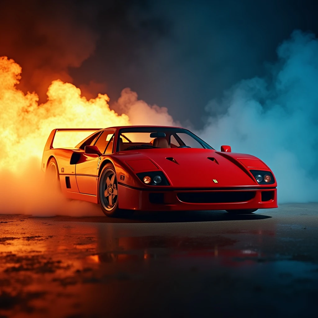 Cinematic still of Ferrari F40 in fire, blue background emoji