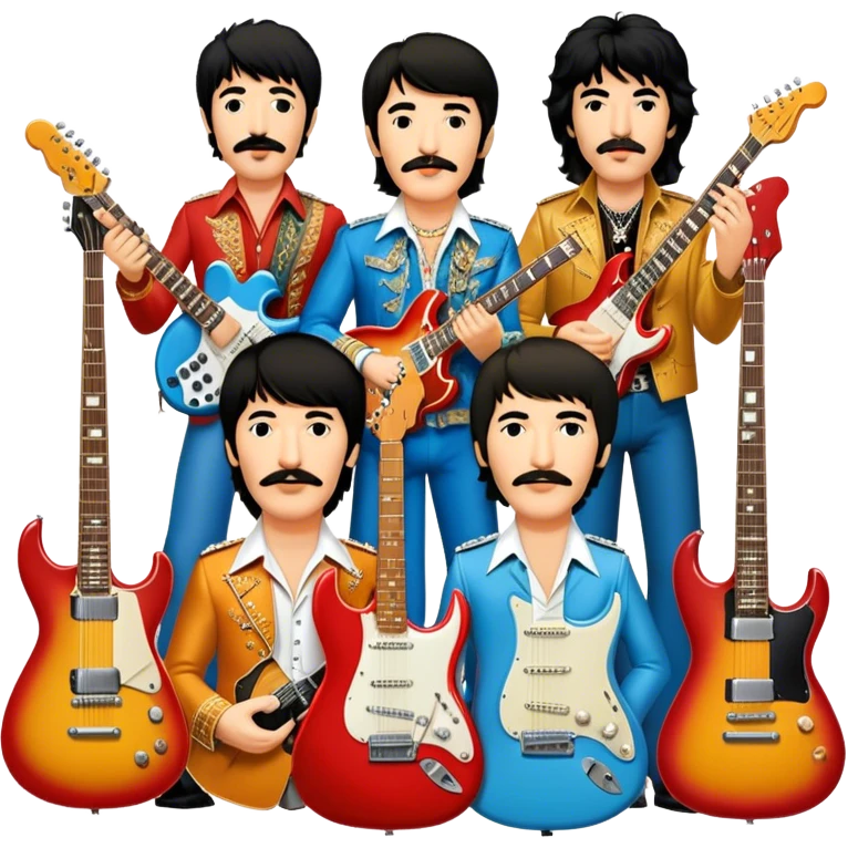 Rock music icon: dynamic collage of global rock legends like The Beatles, Jimi Hendrix, Elvis Presley, Led Zeppelin, Queen, and Nirvana, surrounded by guitars, amplifiers, and stage lights. Not all have mustaches, reflecting diverse styles. Transparent background. emoji