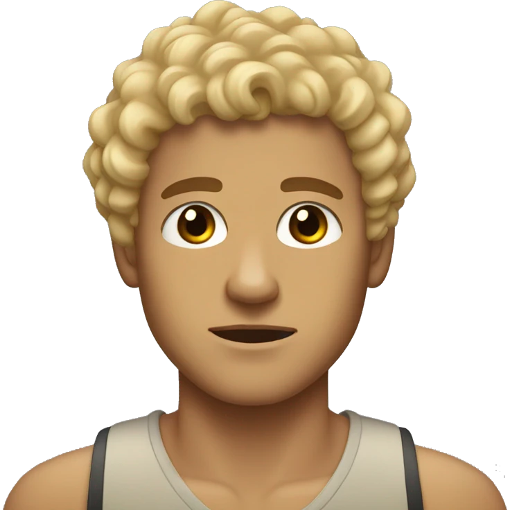 black eyes, very very curly blonde short hair guy, serious face, tan skin emoji