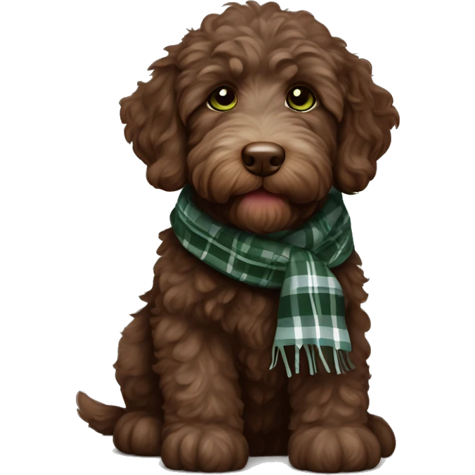 Chocolate brown labradoodle puppy.  Chubby.  Little bit of white on her chest.  Green eyes.  Wearing a Scottish plaid scarf.   emoji