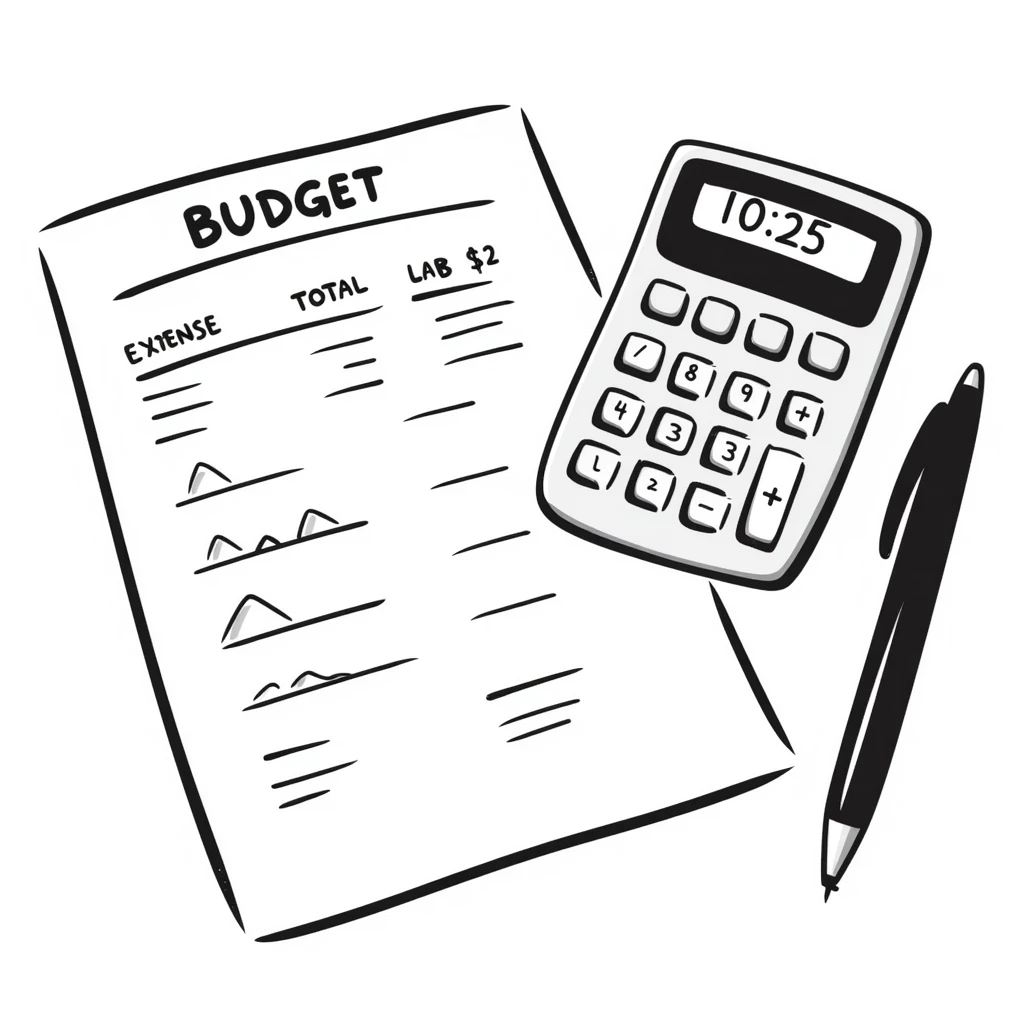 Budget sheet with expenses column and calculator emoji