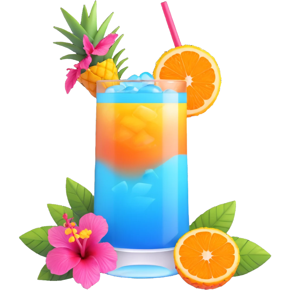 vibrant tropical fruity blue cocktail with hibiscus, pineapple and orange garnishes emoji