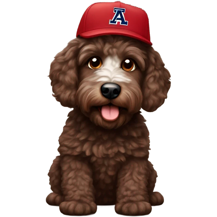 Chocolate brown Aussie doodle wearing a University of Arizona baseball hat emoji