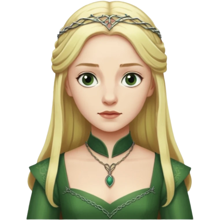 Elizabeth Woodville is the queen of York and looks like a blonde Rebecca Ferguson. She is wearing a green dress and looks like a Game of Thrones Character emoji