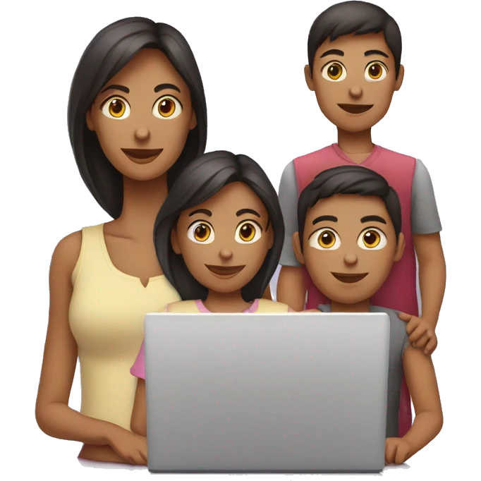 mulher com computador e filhos perto emoji