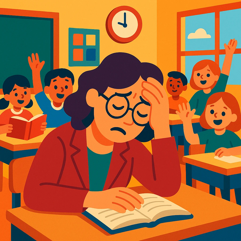 exhausted teacher in a bustling classroom emoji