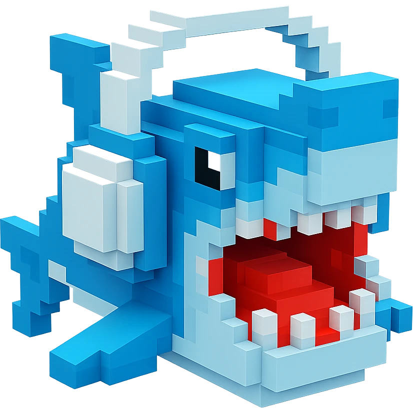 voxel style shark with white headphones, open mouth, blocky, blue and silver, no background emoji